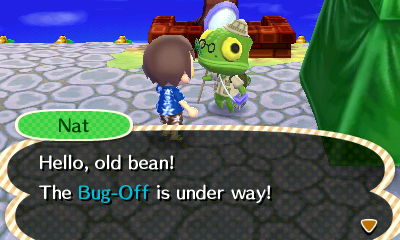 Nat introducing the player the Bug-Off in New Leaf