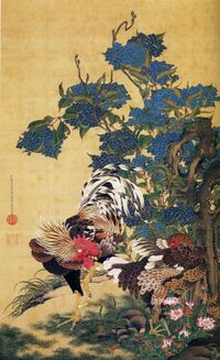 Rooster and Hen with Hydrangeas.jpg